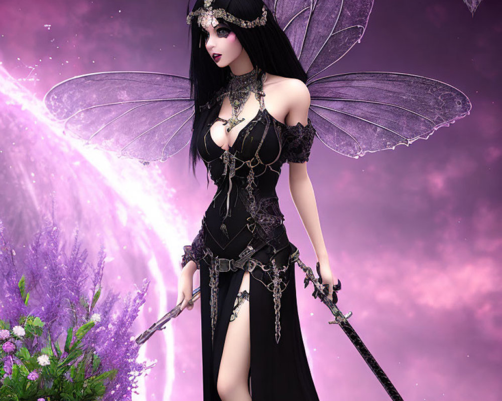 Gothic fairy with black hair, delicate wings, and dark attire on purple backdrop.