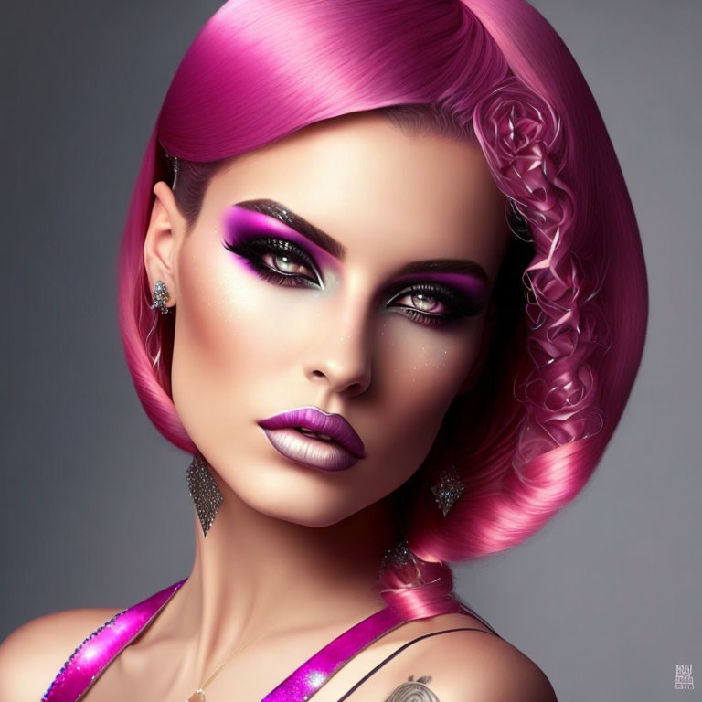 Vibrant pink hair woman in purple makeup and glittering dress