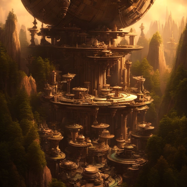 Sci-fi city nestled among rocky pillars in golden haze