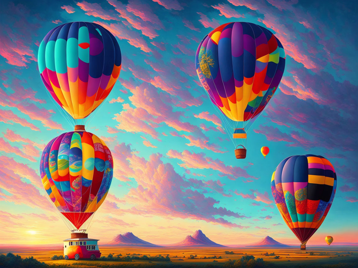 Vibrant hot air balloons in sunset sky above serene landscape