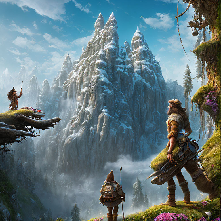 Snowy Mountains Fantasy Landscape with Armored Characters and Lush Greenery