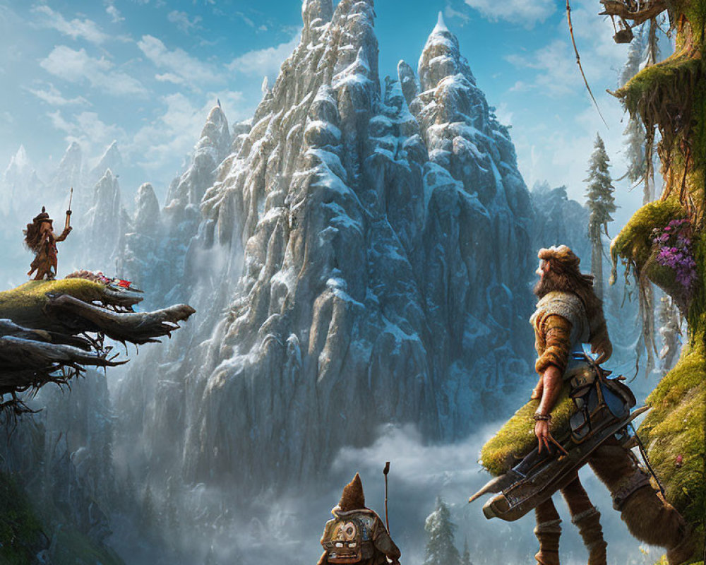 Snowy Mountains Fantasy Landscape with Armored Characters and Lush Greenery