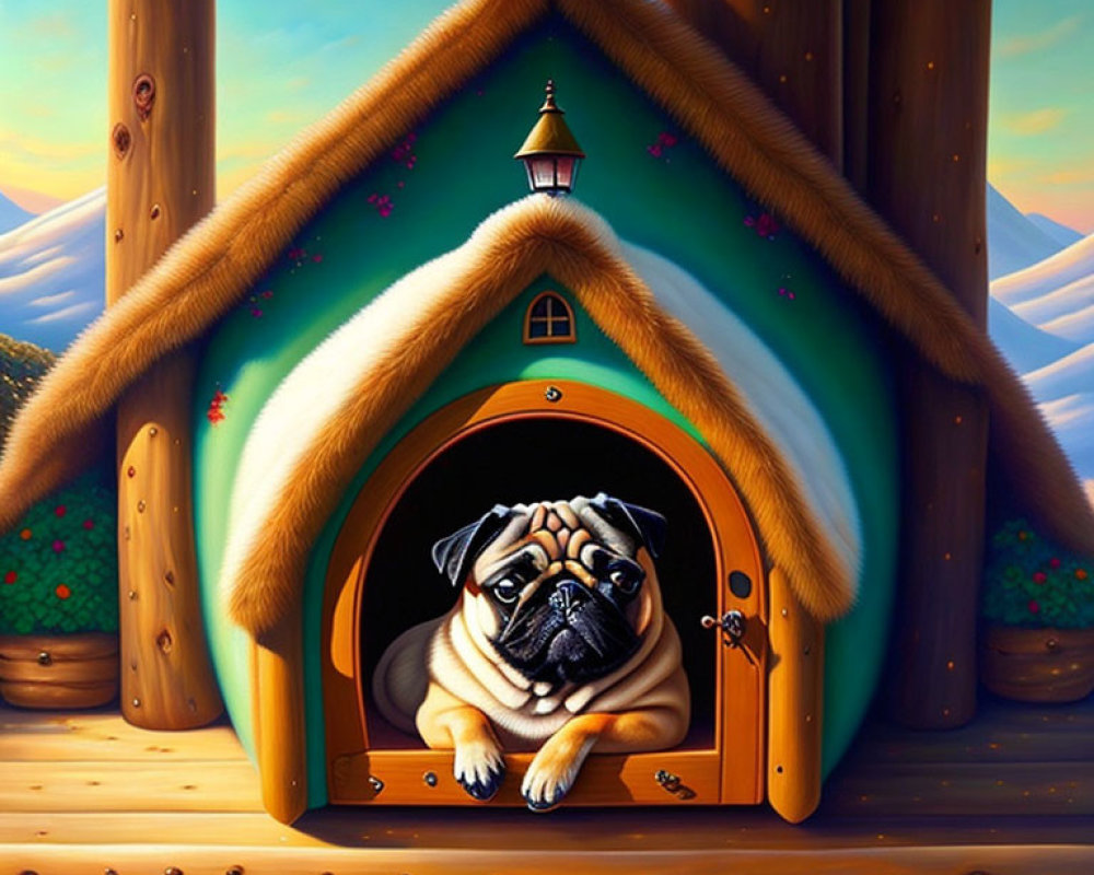 Whimsical pug doghouse scene with snowy roof and mountain backdrop