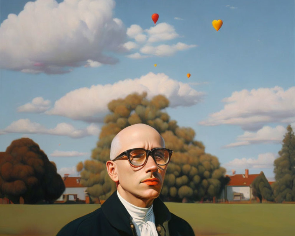 Bald man in suit with glasses in field with colorful balloons.