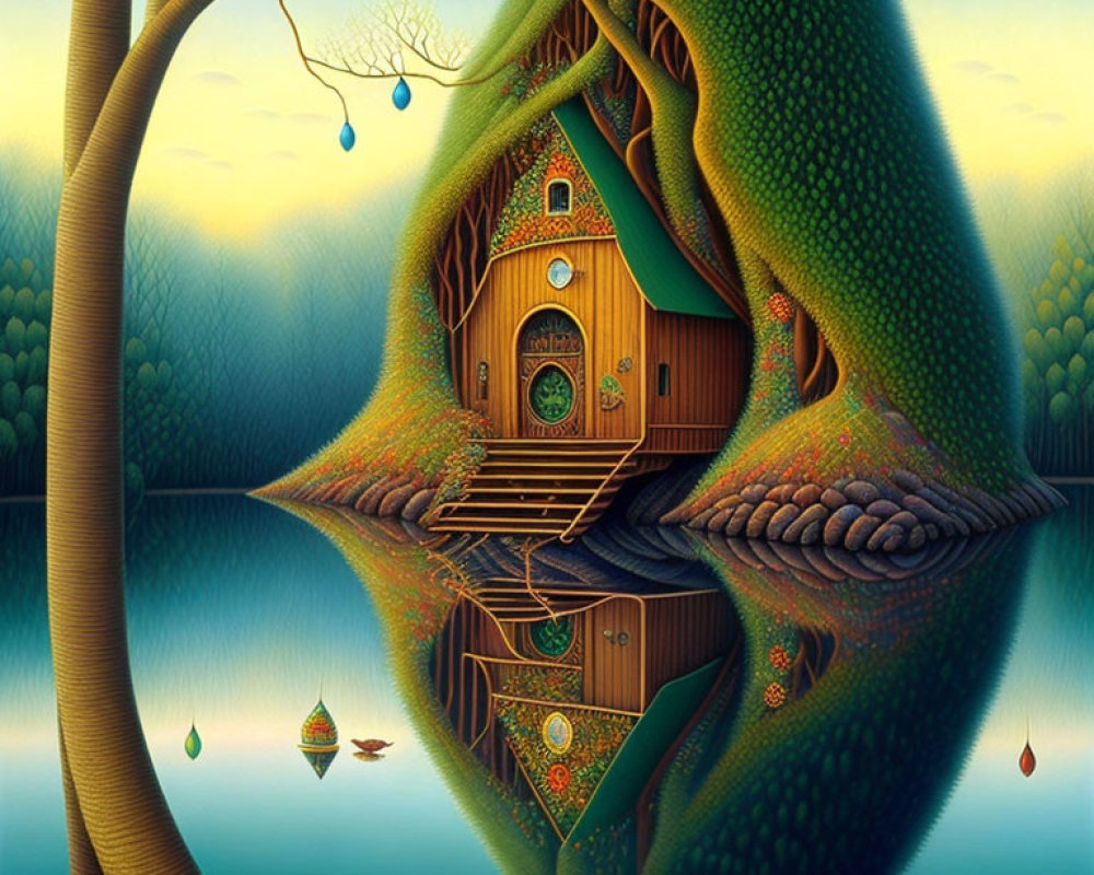 Detailed illustration of whimsical treehouse in serene forest with birds and lanterns