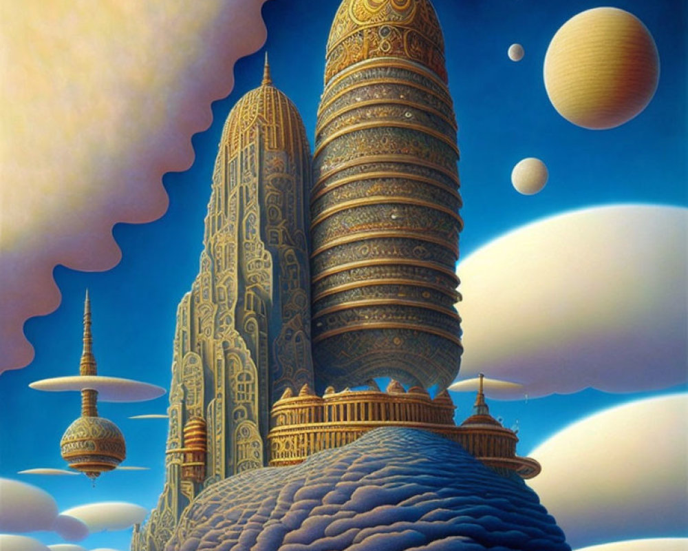 Surreal landscape with ornate towers and sci-fi elements against celestial sky