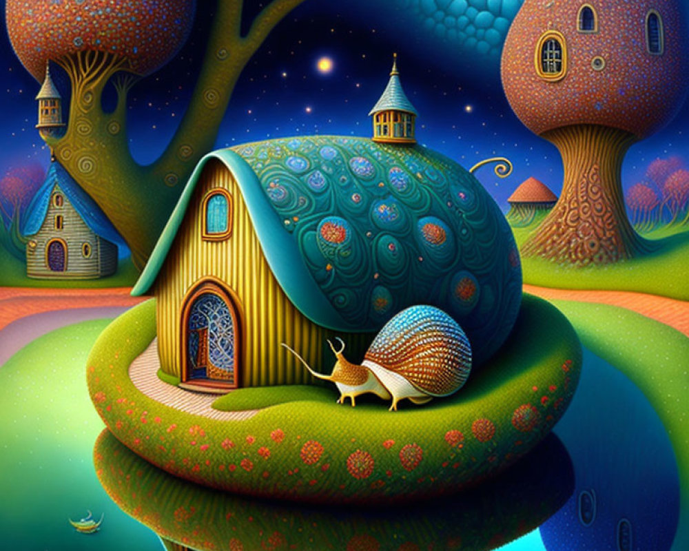 Whimsical snail shell house on vibrant landscape with tree-shaped houses under starry sky