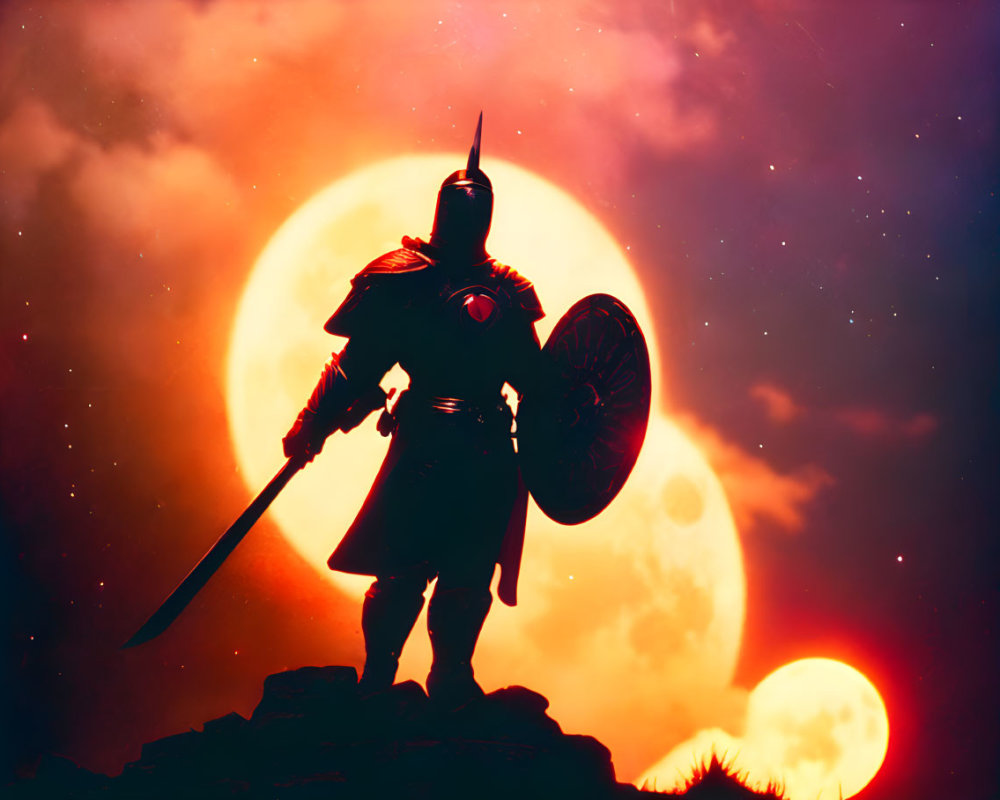 Knight in armor with sword and shield against dual-moon backdrop in red-orange sky