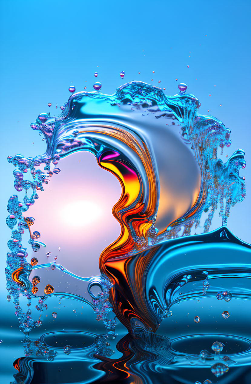 Colorful Rainbow Water Splash on Blue Background with Droplets and Ripples