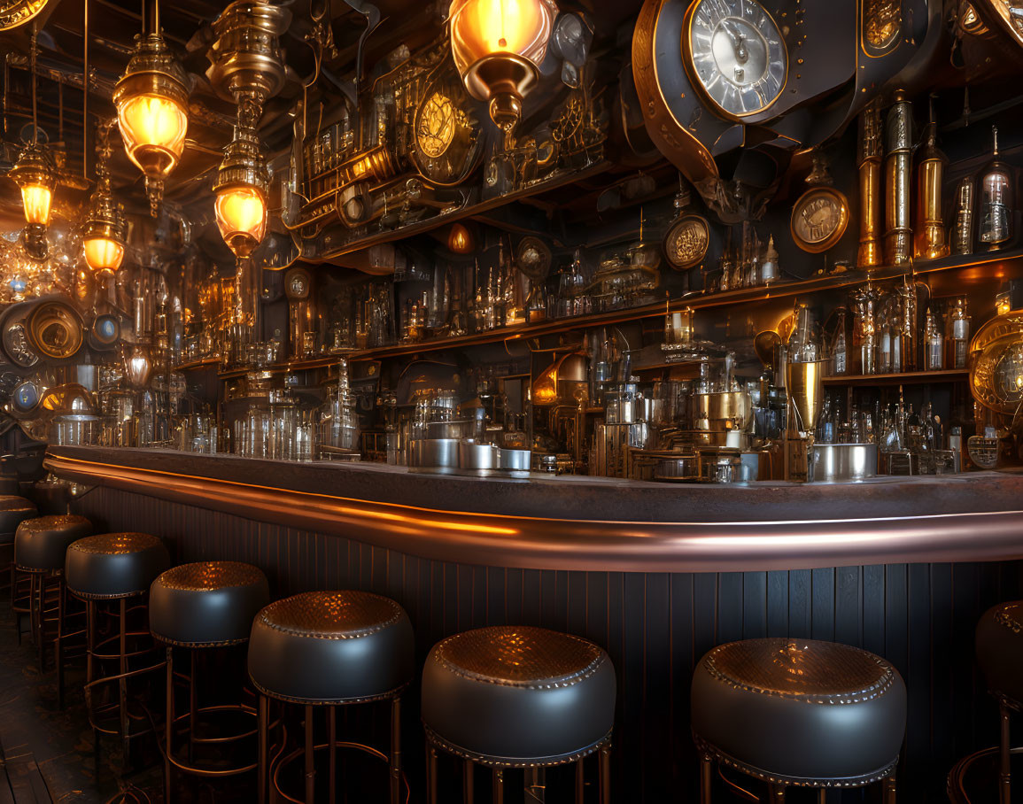 Luxurious Steampunk-Inspired Bar with Vintage Lights and Leather Stools