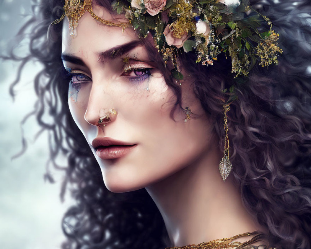 Digital portrait of woman with curly hair, floral crown, tear, and golden jewelry.