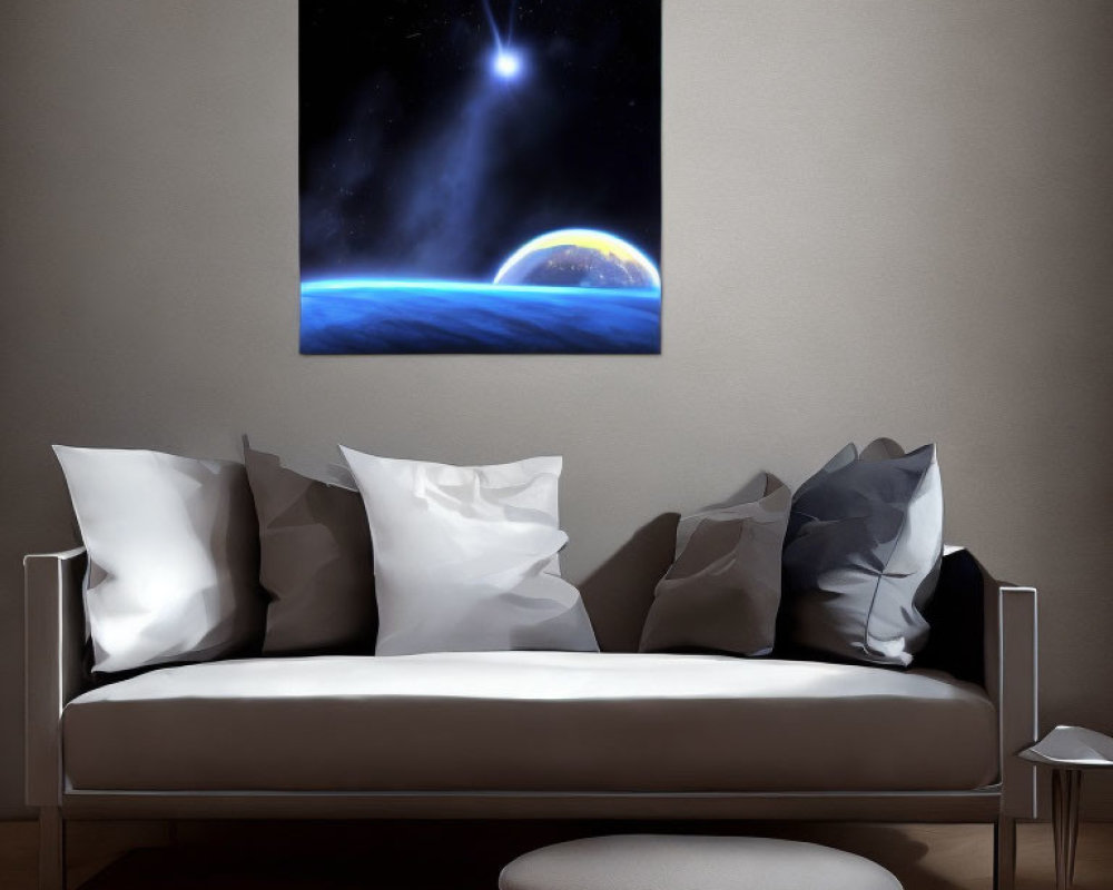 Minimalist living room with sleek couch, pillows, side table, oval coffee table, and space-themed