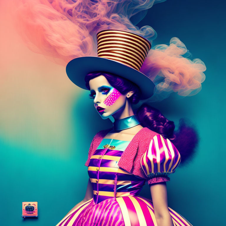 Vibrant woman in whimsical costume with oversized hat and theatrical makeup