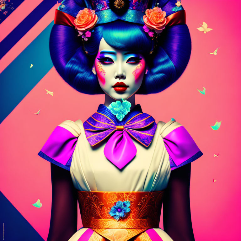 Colorful digital art featuring stylized woman with blue hair and floral makeup on split pink-blue backdrop