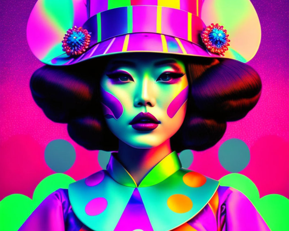 Colorful portrait of a woman with artistic makeup in striped hat and polka-dotted outfit on psychedelic