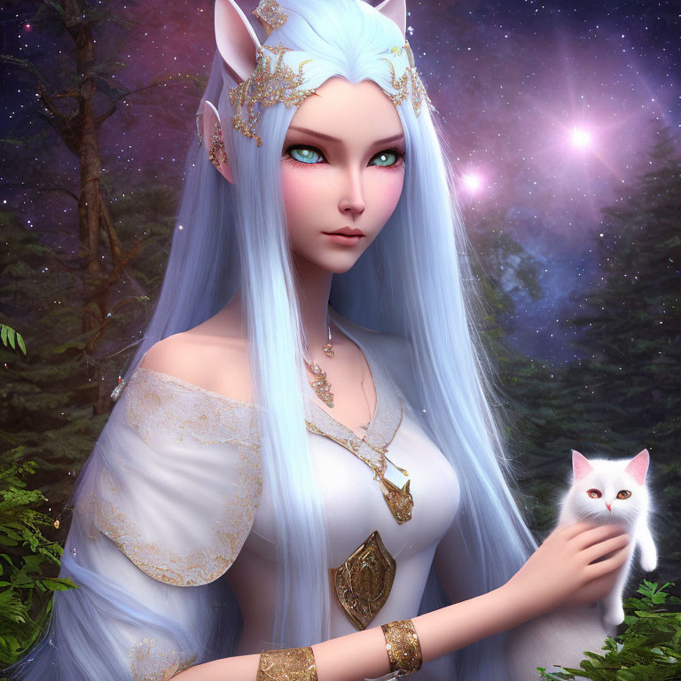 Ethereal woman with blue hair and elfin features holding a white cat in mystical forest
