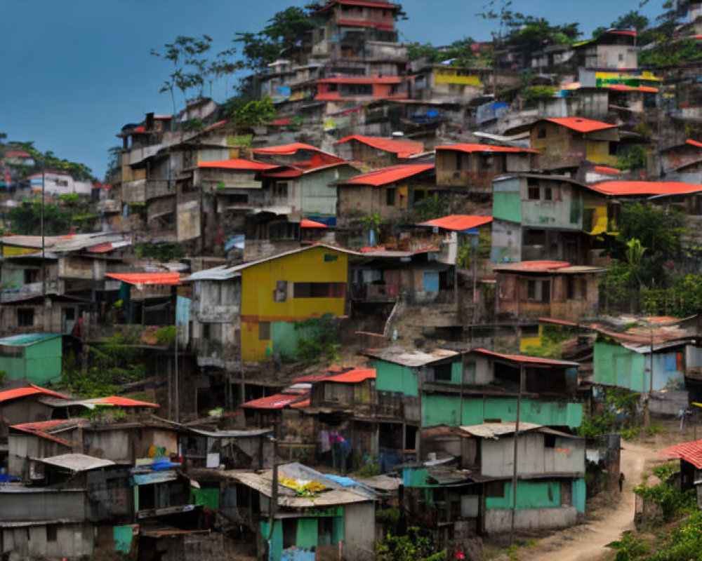 Clustered colorful shantytown under overcast sky
