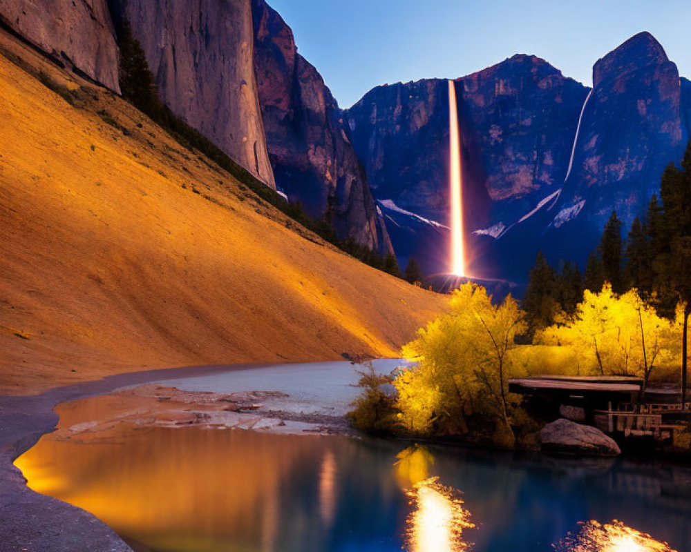 Serene mountain valley at twilight with sunbeam, river, and golden-lit trees