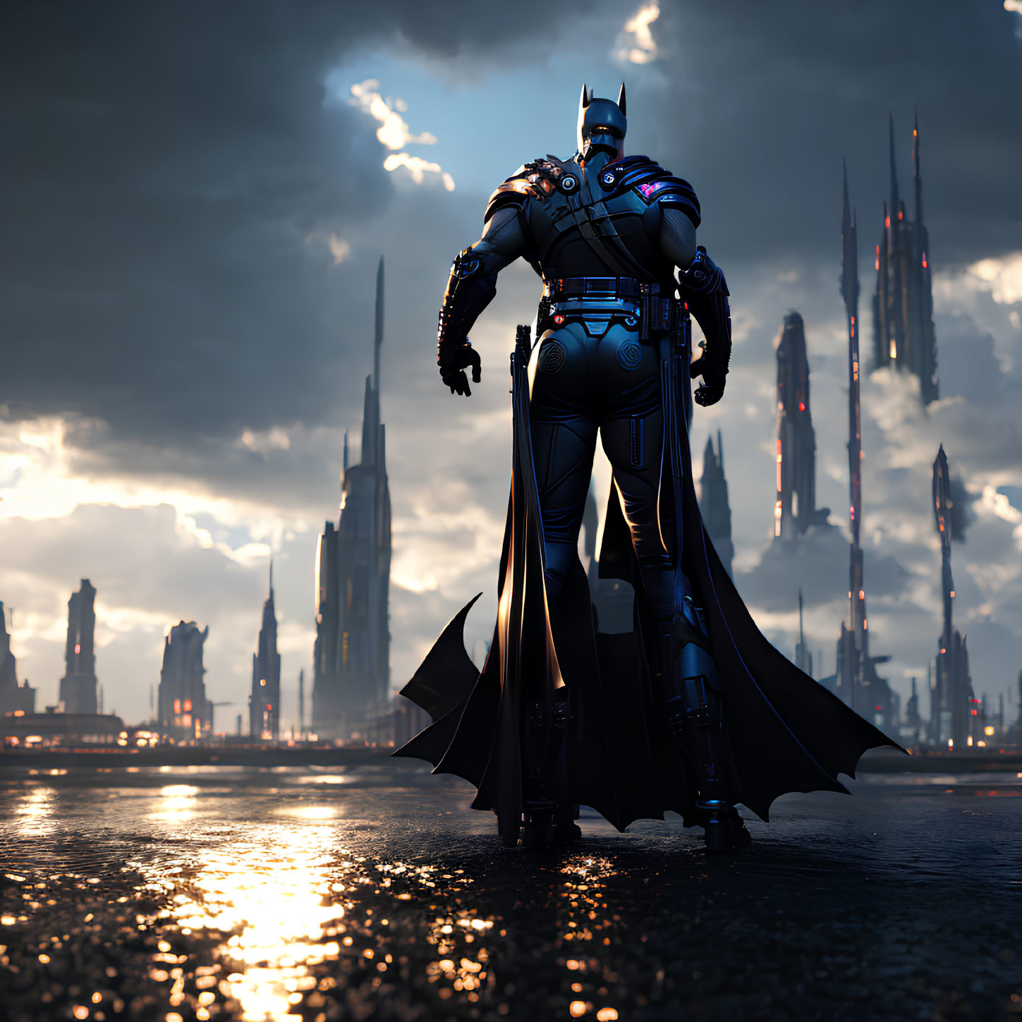 Person in Batman costume gazes at futuristic city skyline at dusk.