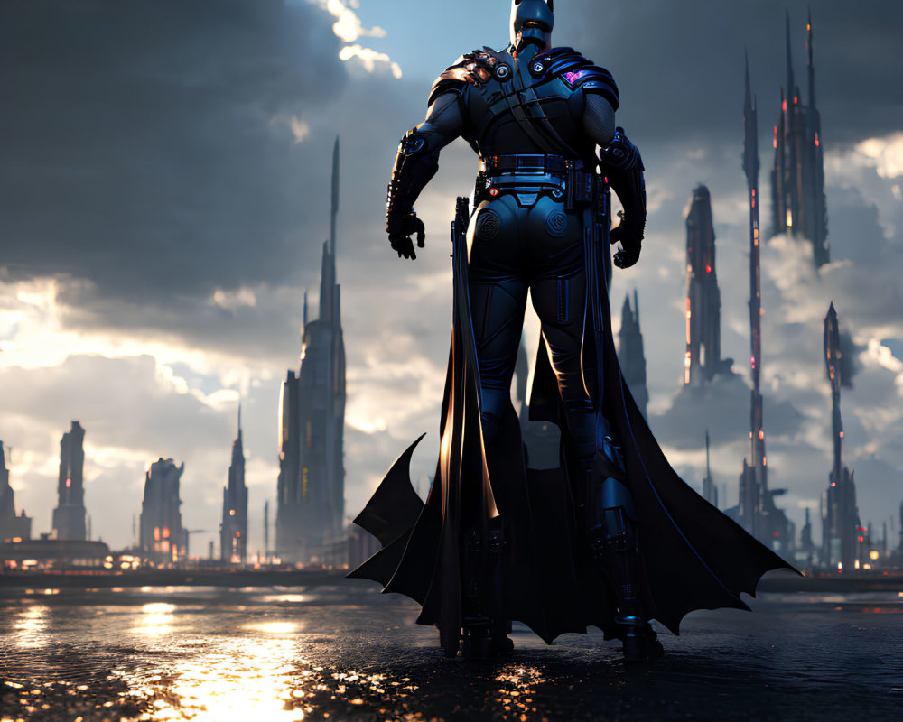 Person in Batman costume gazes at futuristic city skyline at dusk.