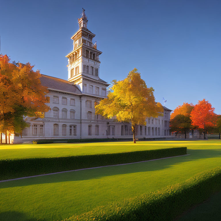 Tall tower in historical building amid green lawns and autumn trees