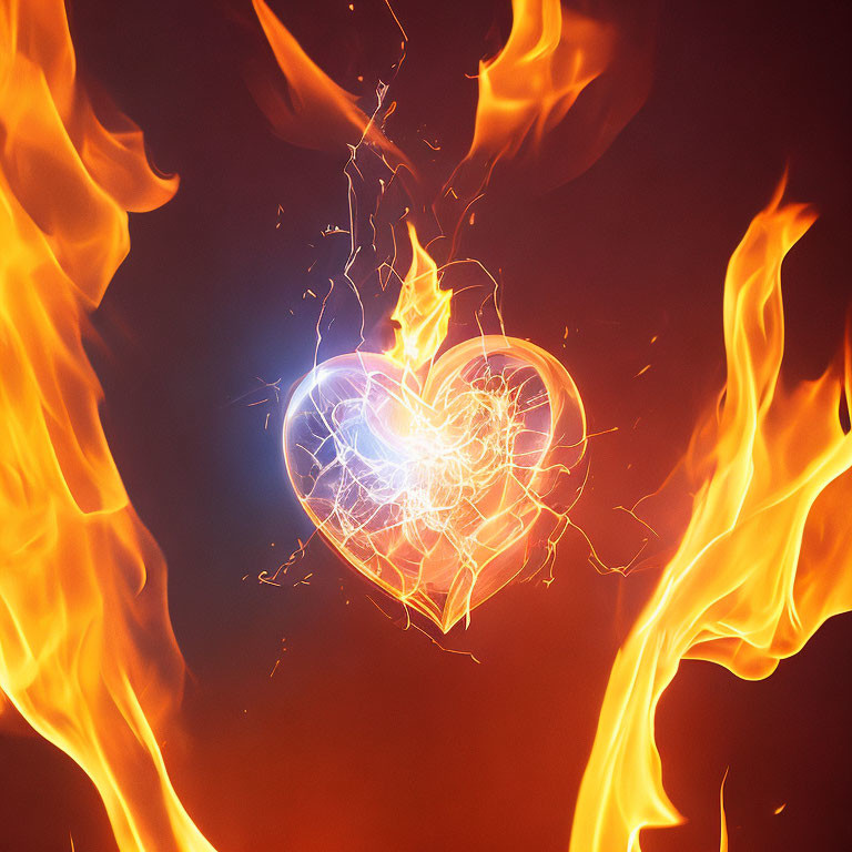Glowing heart surrounded by flames and energy on dark background