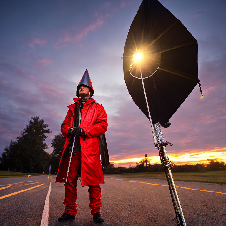Person in Red Coat and Conical Hat with Umbrella on Road at Sunset