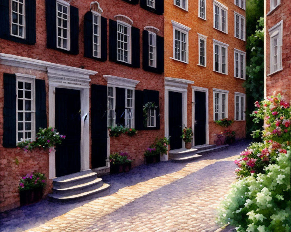 Charming cobblestone street with brick buildings and lush plants