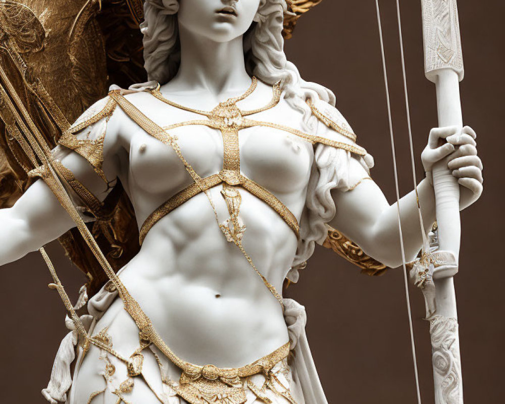 Elaborate Female Warrior Sculpture with Armor and Sword on Brown Background