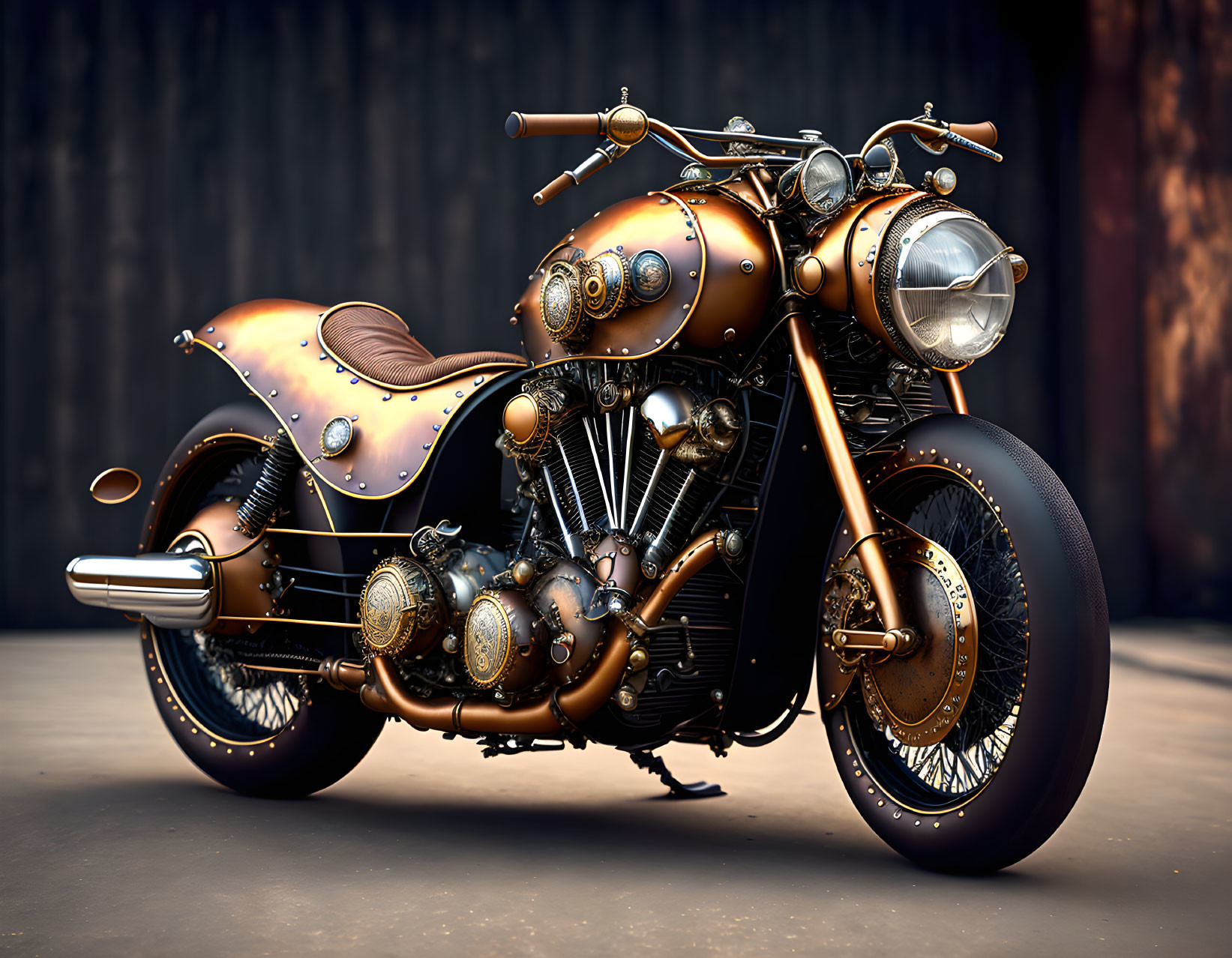 Brown and Gold Custom Vintage Motorcycle with Spoked Wheels