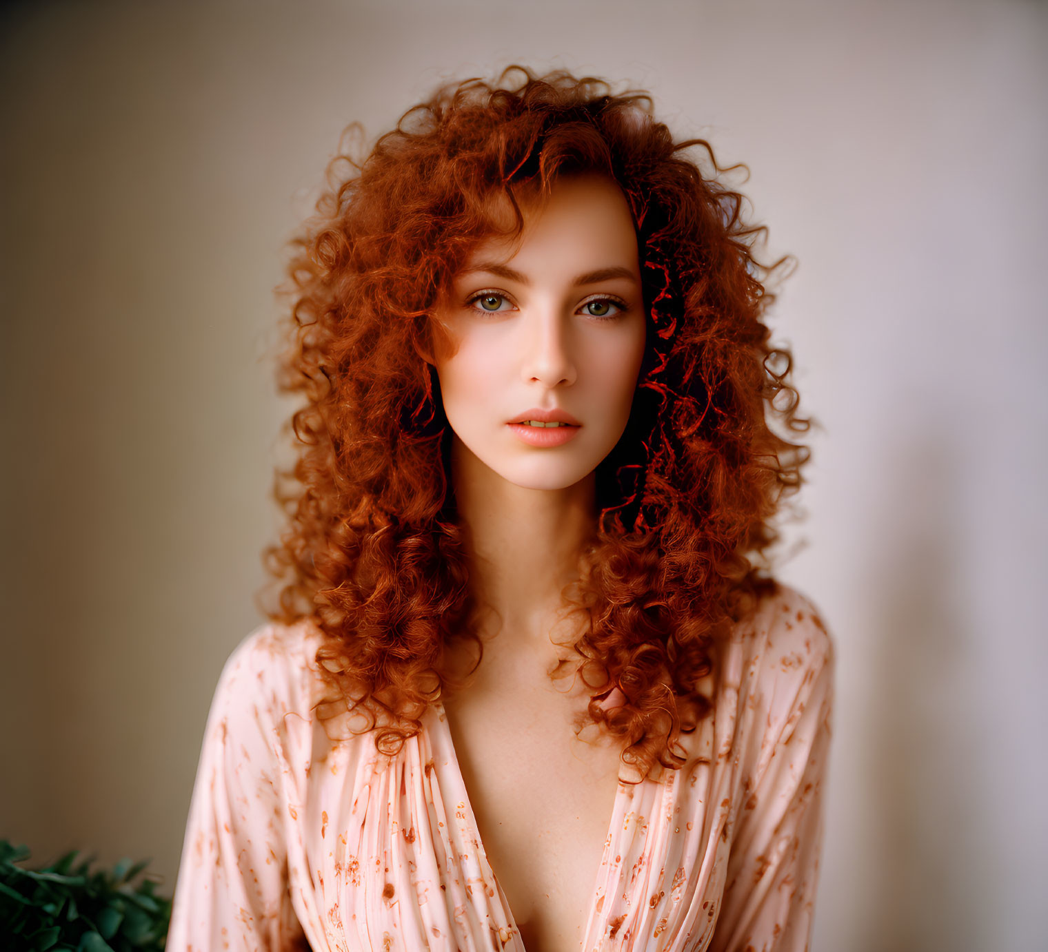Curly Red-Haired Woman in Peach Blouse with Green Eyes
