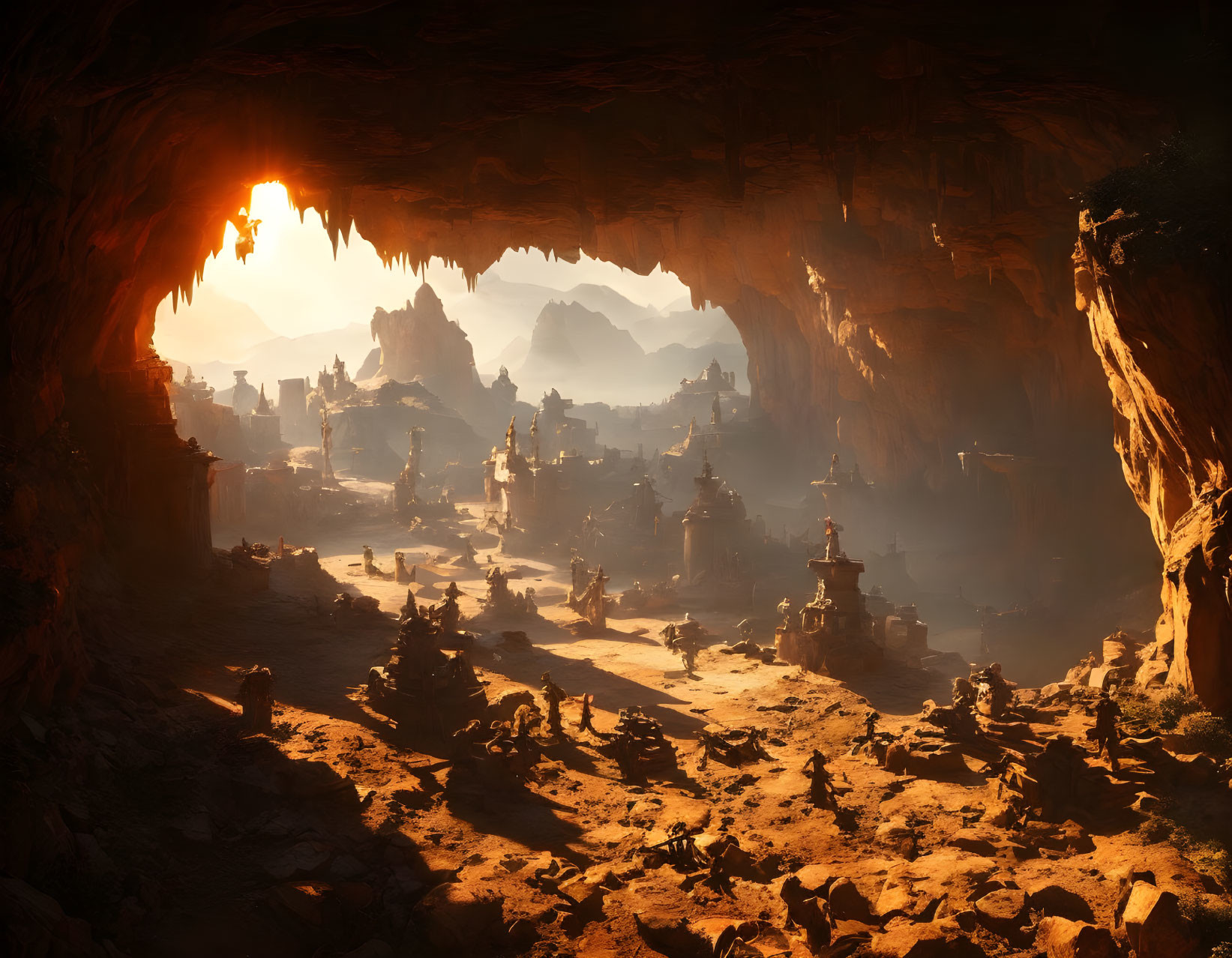 Mystical landscape with rocky spires and ancient ruins in vast cavern