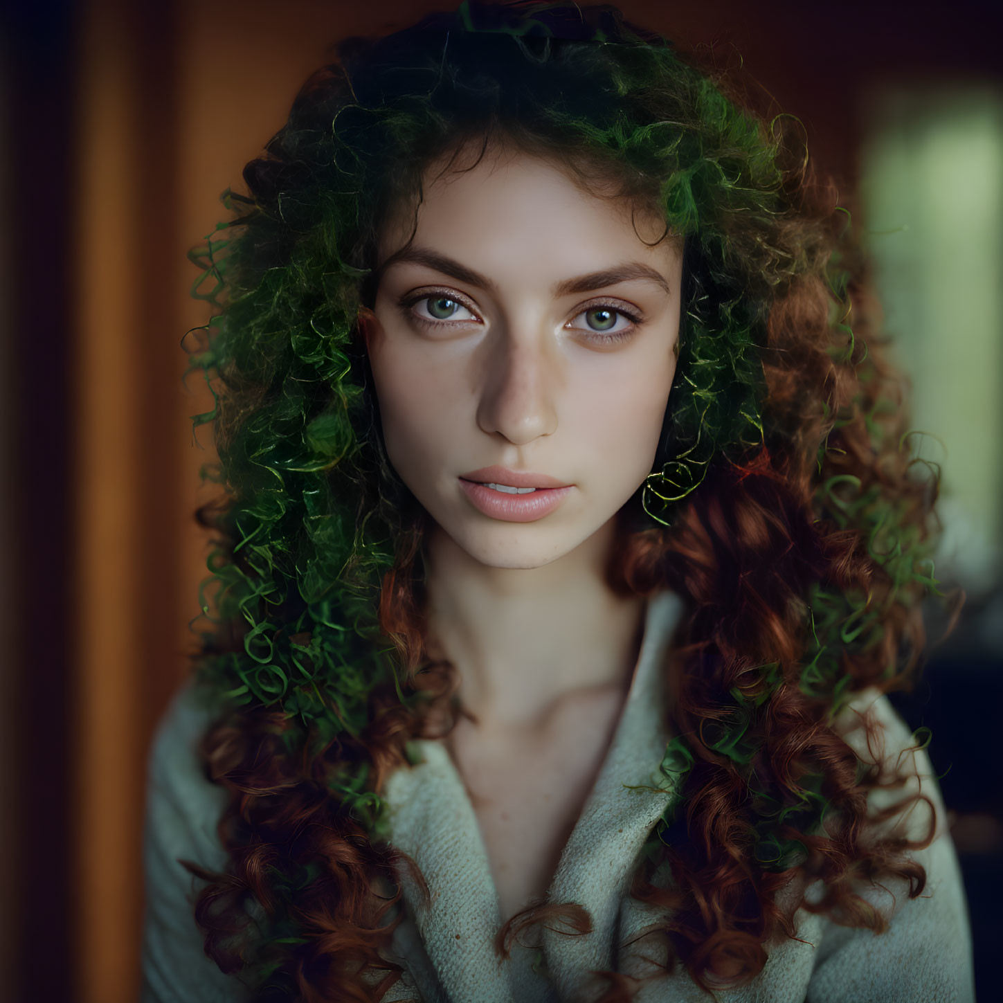 Portrait of Person with Curly Hair and Neutral Expression Indoors