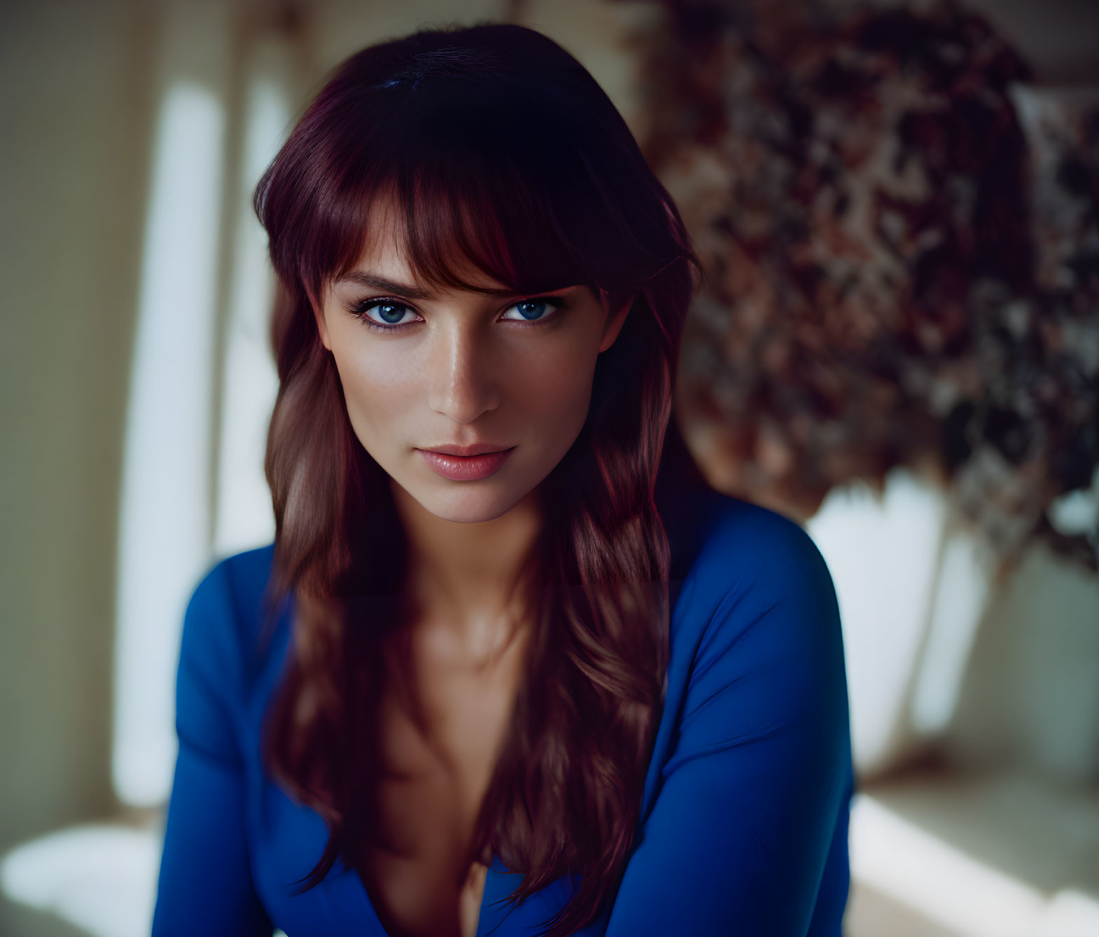 Woman with Purple Hair and Blue Eyes in Blue Top and Soft Indoor Lighting