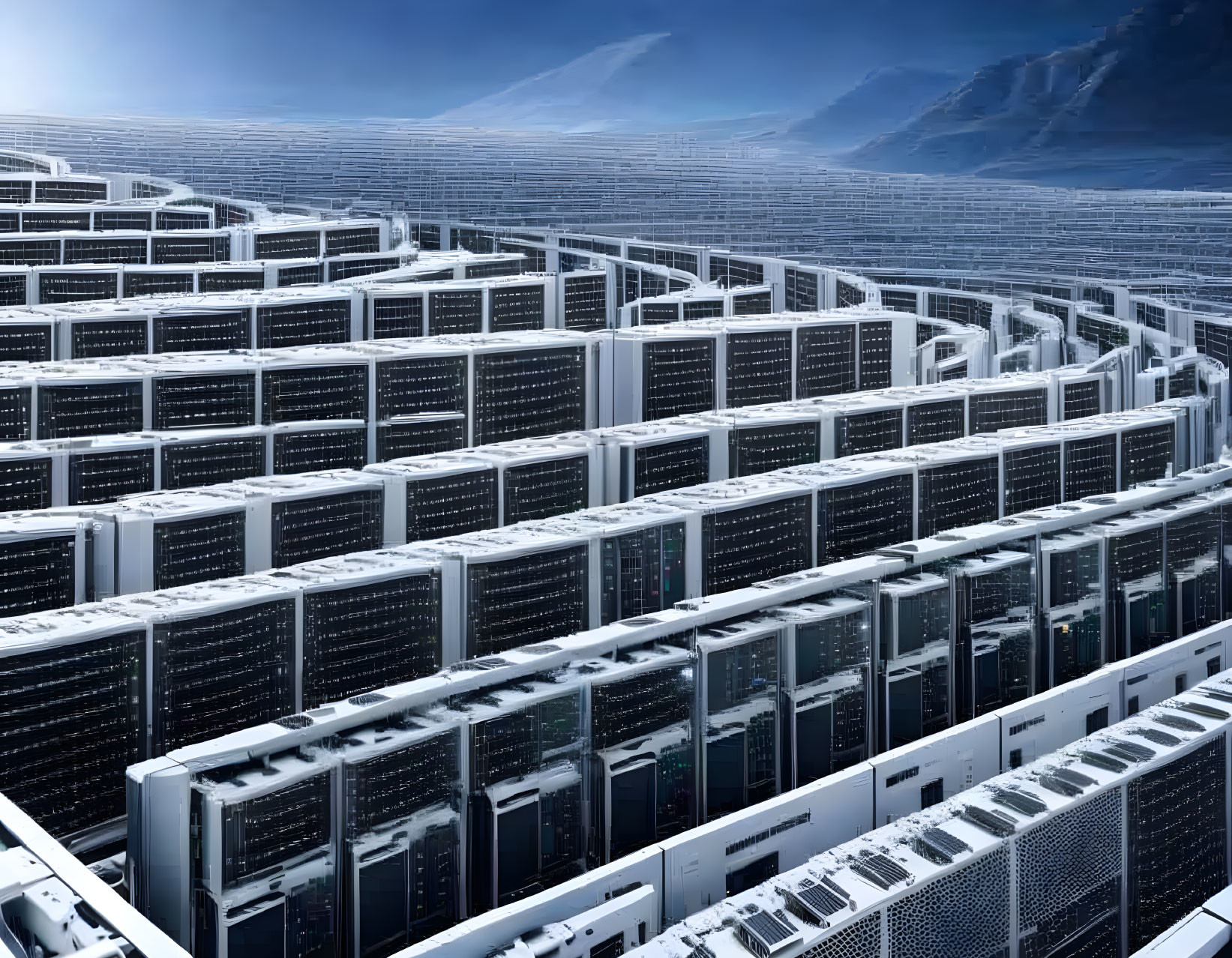 Data center with rows of server racks and blue ambiance.