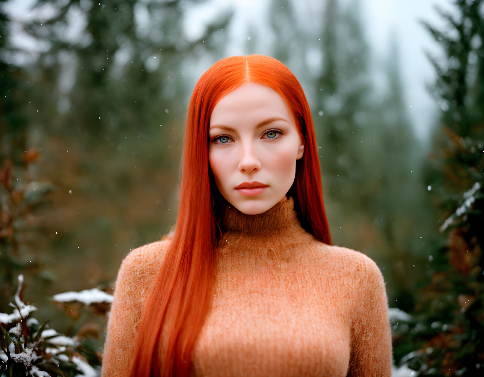 Red-haired woman in orange turtleneck in snowy forest