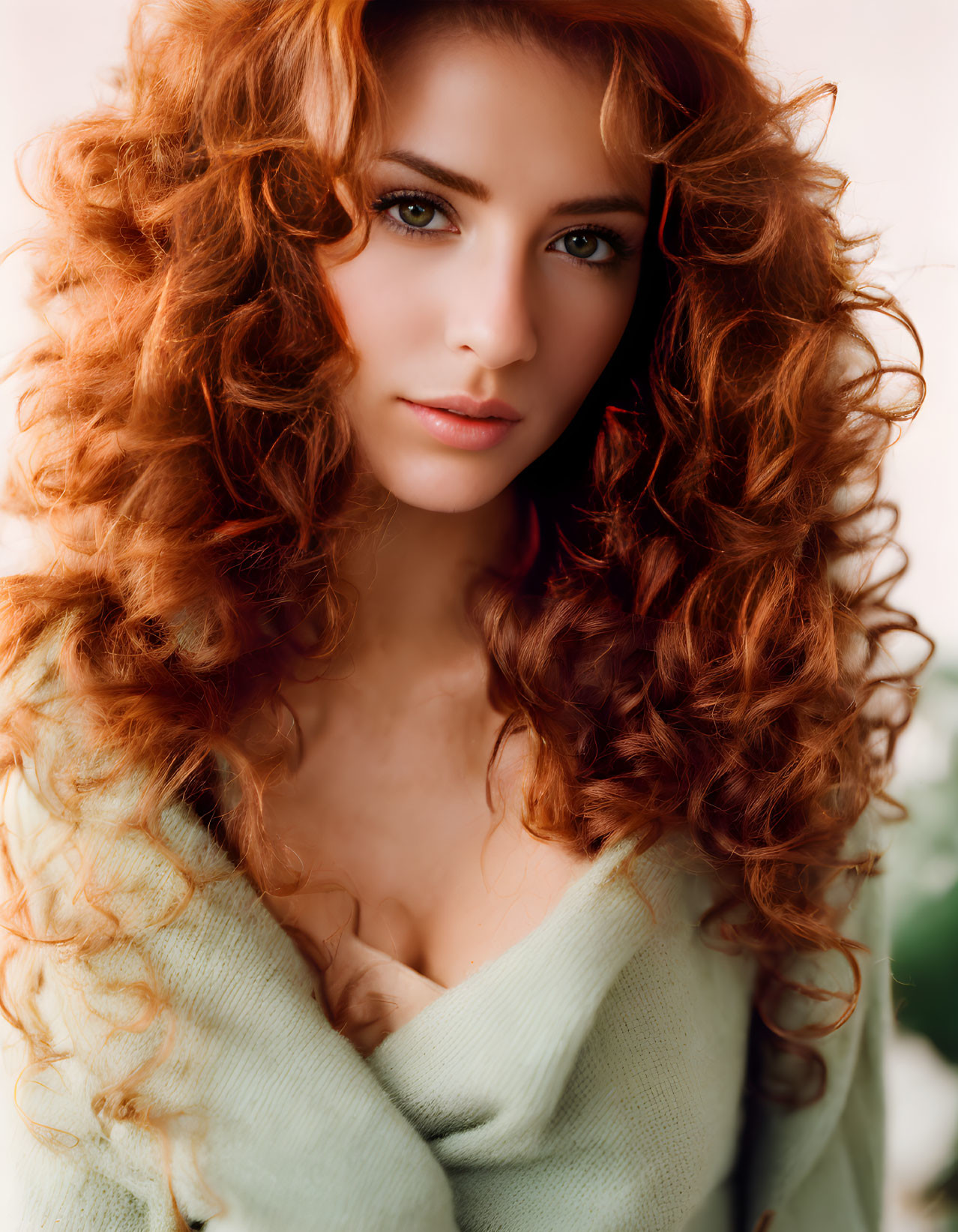 Red-haired woman with curly hair, fair skin, and green eyes in off-shoulder top