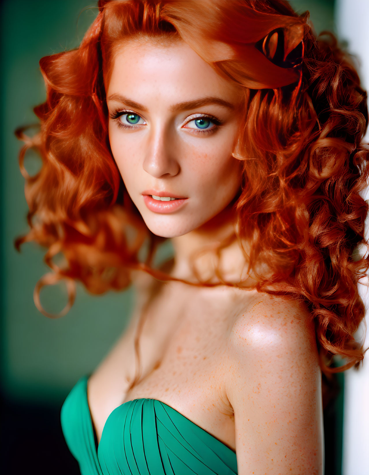 Curly red-haired woman in teal dress with blue eyes and red hair accessory.