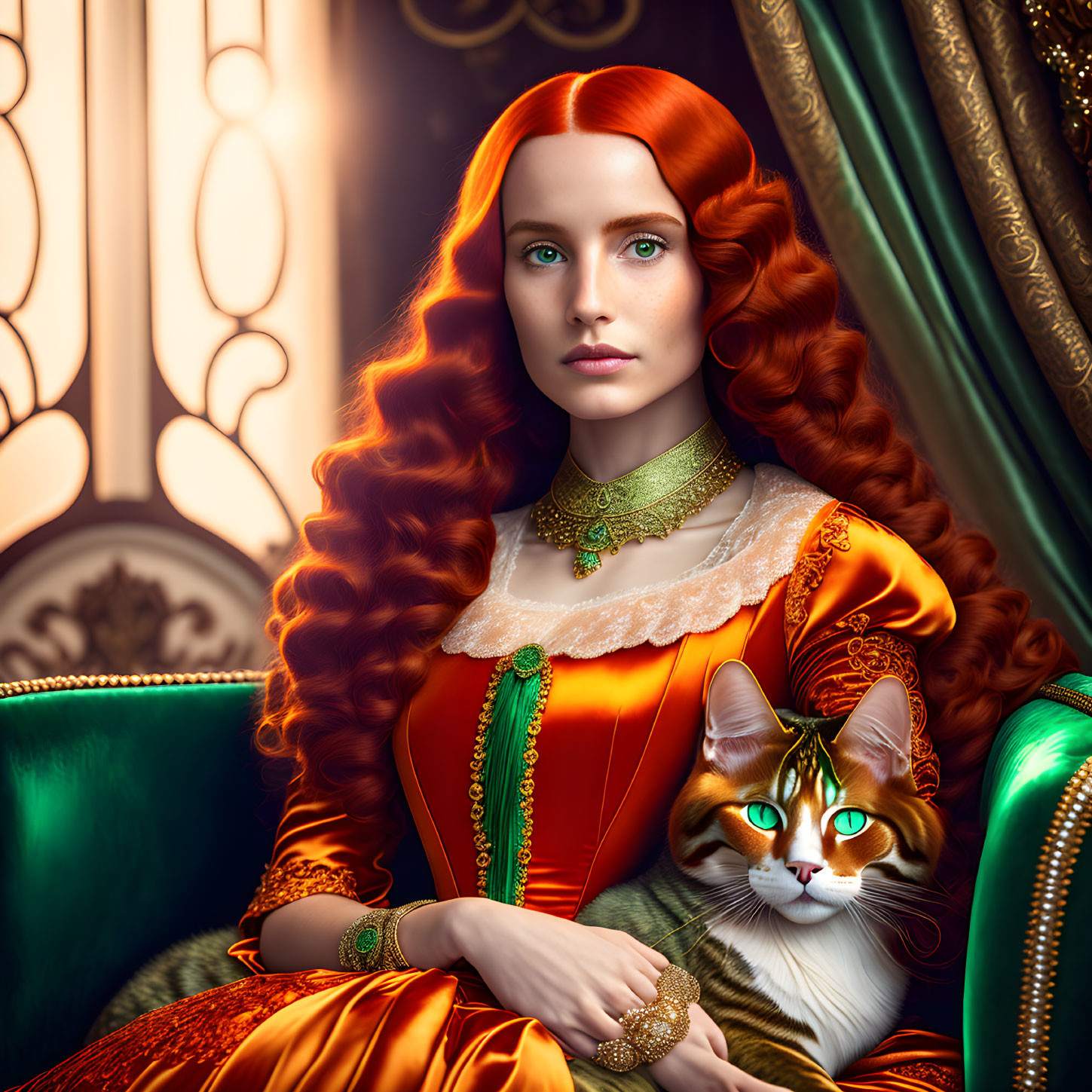 Red-haired woman in Renaissance orange dress with cat on lap, sitting elegantly in ornate setting