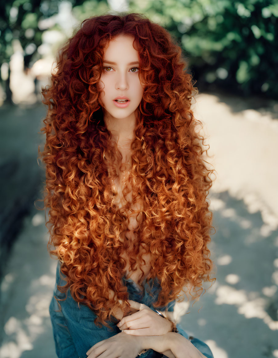 Curly Red-Haired Woman in Denim Top Outdoors