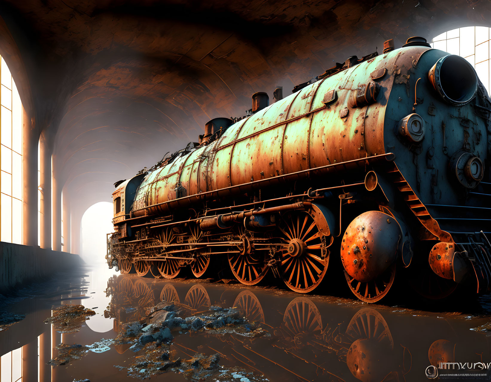Rusted steam locomotive in abandoned station with sunlight and puddles