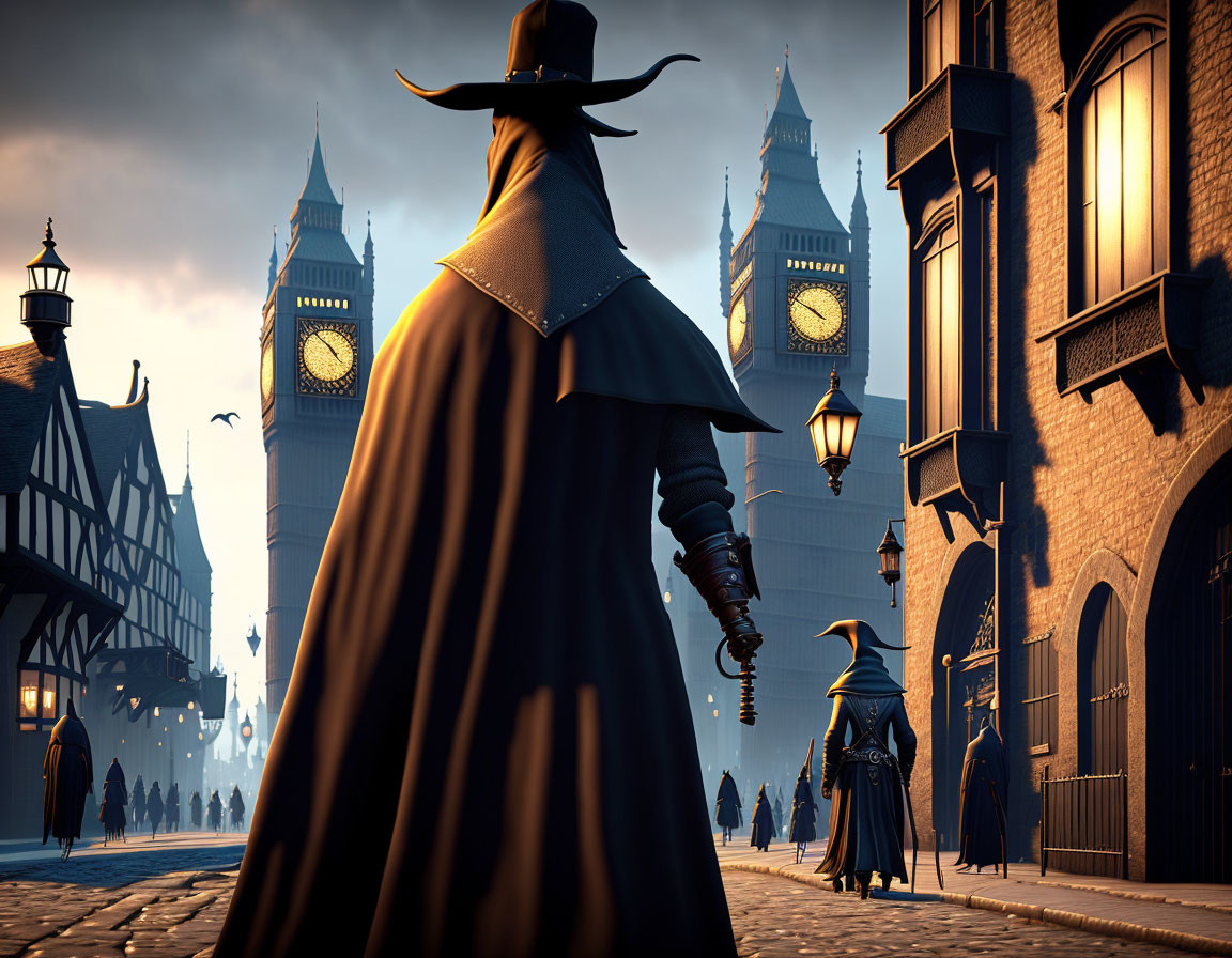 Cloaked Figure in Tricorn Hat Stands in Vintage London Setting