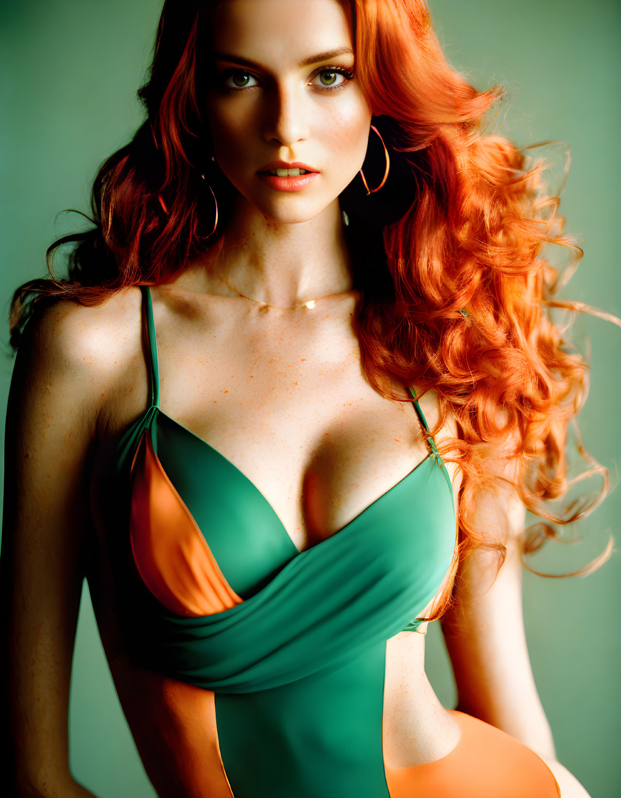 Freckled woman with long red hair in green and orange swimsuit