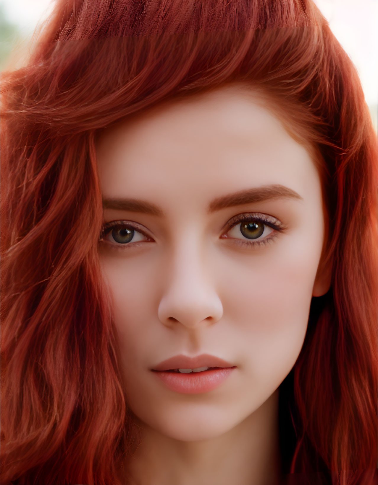 Red-haired woman with green eyes in close-up portrait.
