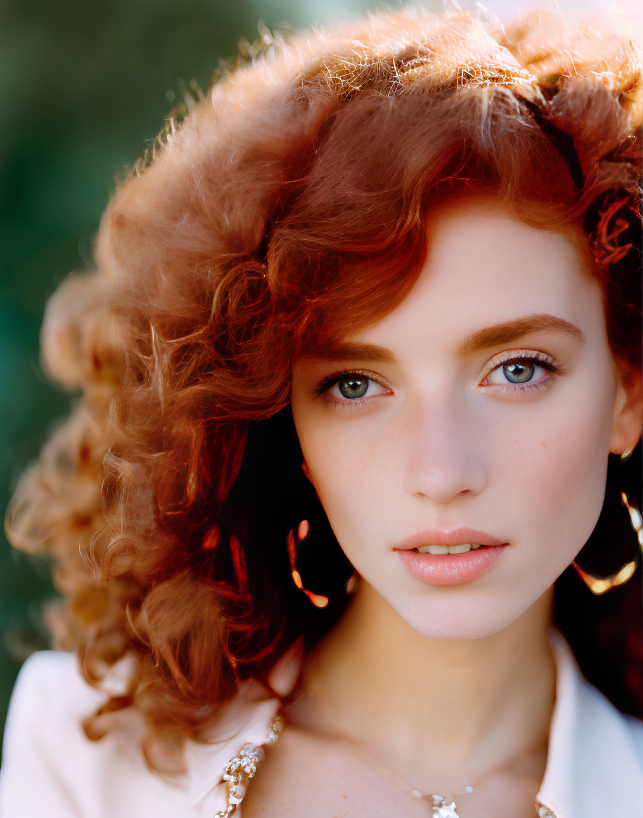 Portrait of Young Woman with Curly Red Hair and Captivating Eyes