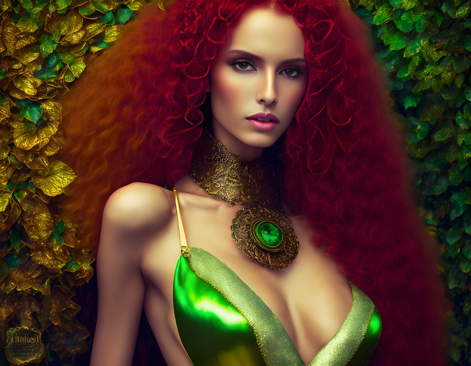 Vibrant red hair woman in green satin dress with golden choker