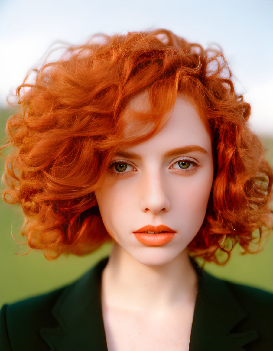 Person with Voluminous Red Curly Hair, Fair Skin, Blue Eyes, Orange Lipstick,