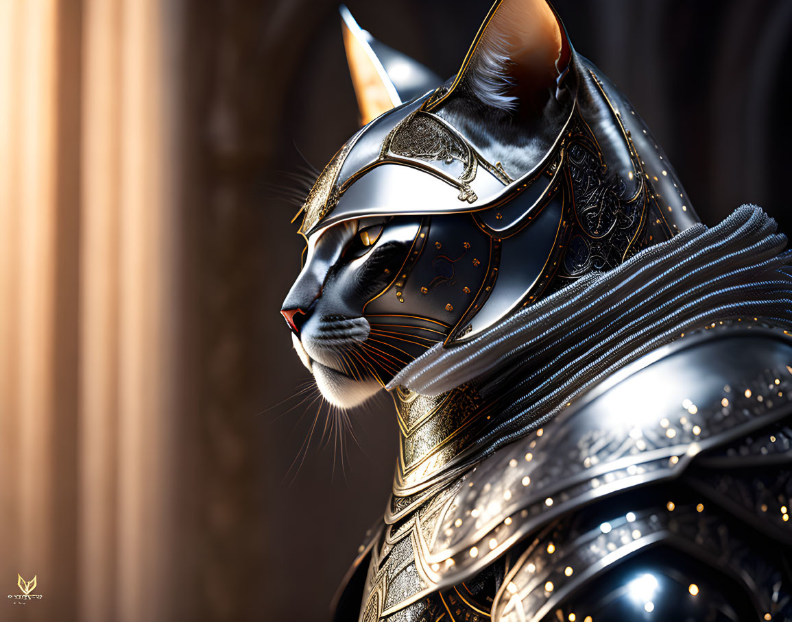 Detailed Image: Armored Cat with Intricate Helmet & Shoulder Plates