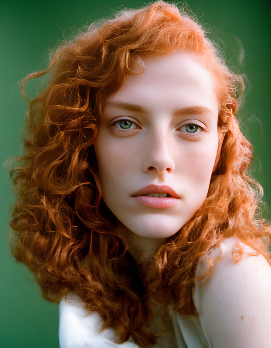 Curly Red Hair and Green Eyes Portrait on Green Background
