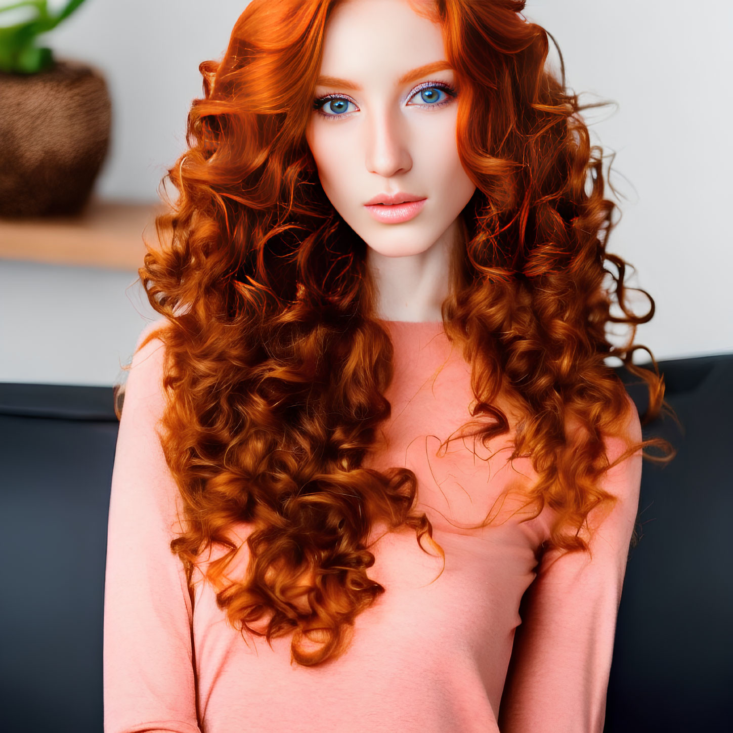 Woman with Long Curly Red Hair and Blue Eyes in Peach Top Sitting Indoors